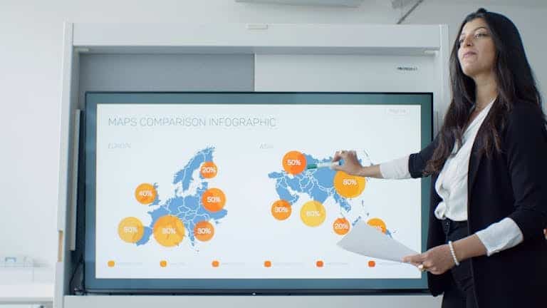 Professional woman explains map comparison infographic in modern office setting. Marketing Coaching for Your Business: The Smarter Way to Grow with Clarity and Strategy