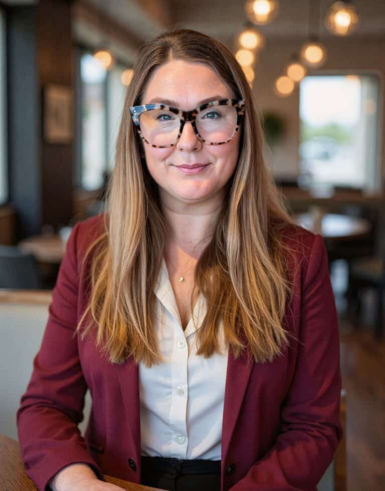 Lisa in. Maroon Jaket in the coffee shop for Brand Communication Isn’t Just What You Say—It’s How You Lead