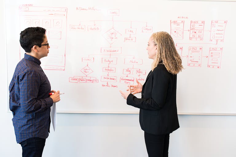 Two professionals brainstorming digital marketing ideas on a whiteboard. Fractional CMO