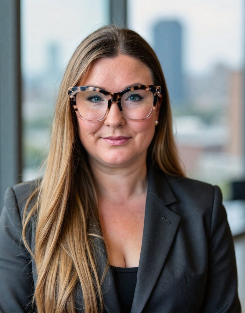Lisa Benson, Business Coach. Gray jacket, window, head shot. Female Business Coach