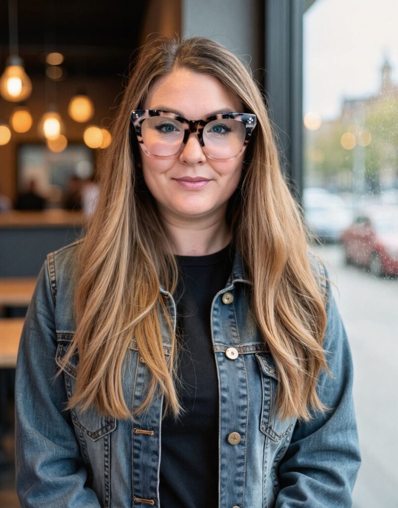 Lisa Benson in Jean Jacket in the coffee shop