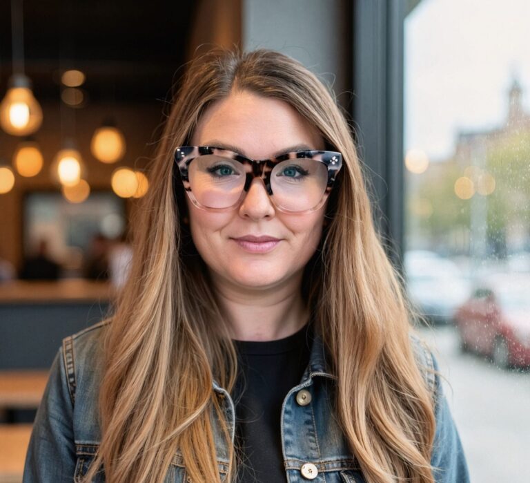 Lisa Benson in Jean Jacket in the coffee shop