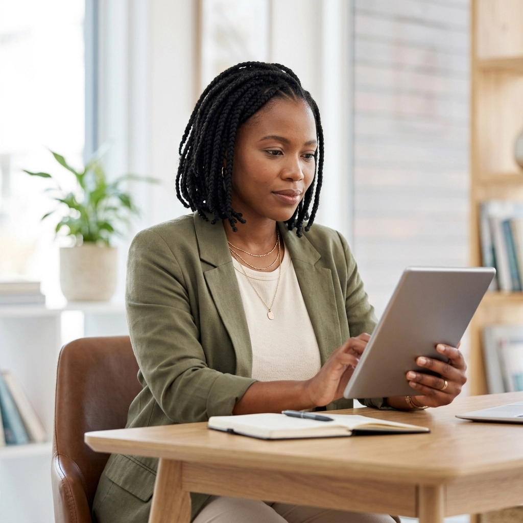 Professional woman with braids in an olive blazer using a tablet at a wooden desk, in a bright office setting.