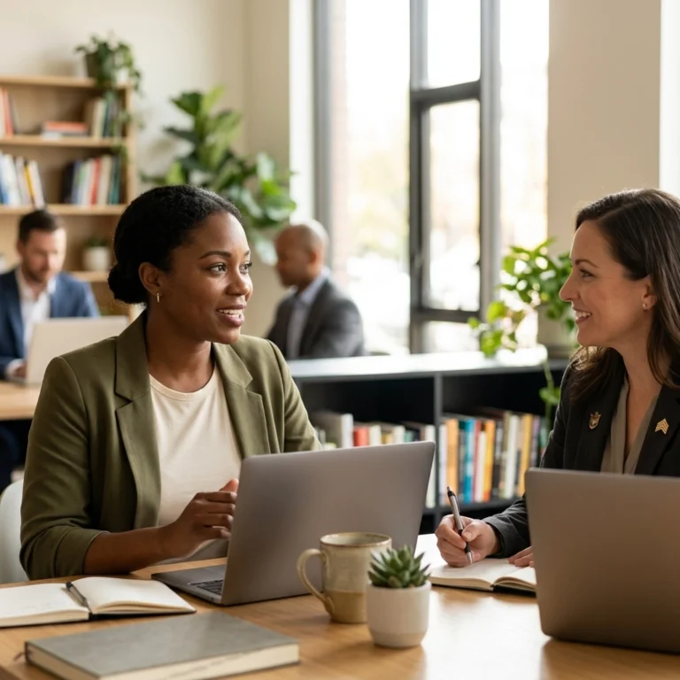Two women in a bright office chat at a wooden table with laptops, a notebook, mug, and a small succulent nearby.