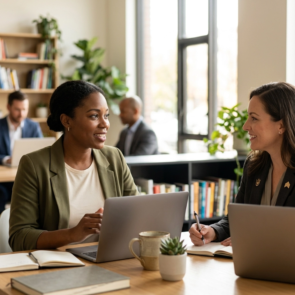 Life coaching niches discussed by two professional women planning a coaching business.
