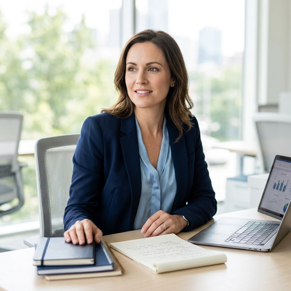 Professional woman in a navy blazer sits at a bright office desk with notebooks and a laptop.