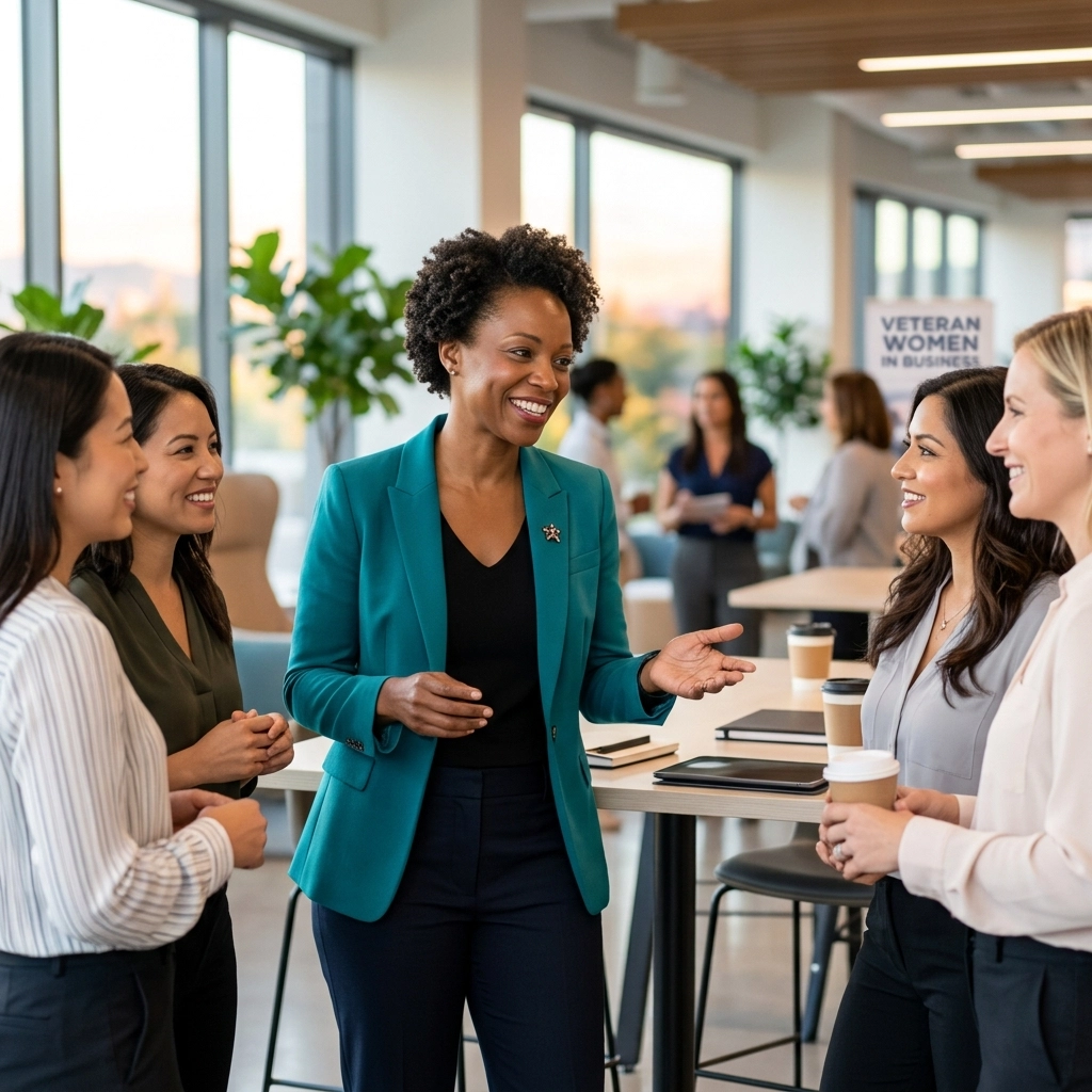 Woman in a teal blazer addresses a small group of diverse colleagues in a bright office, with coffee cups on the table.