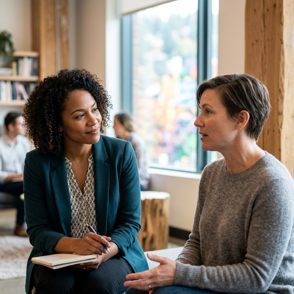 Two colleagues sit facing each other in a bright office, one taking notes as they talk.