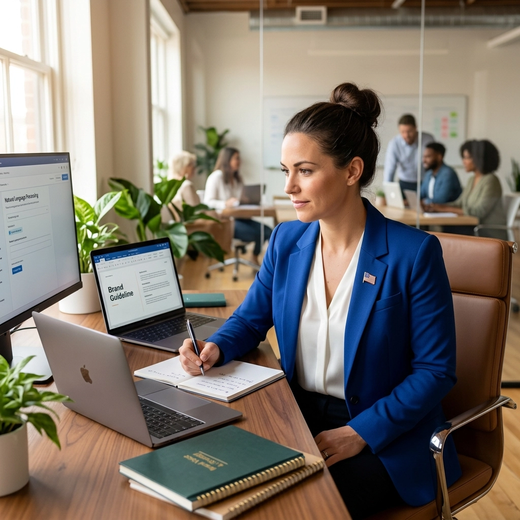 Professional woman in a blue blazer sits at a wooden desk, writing in a notebook with a laptop and monitor displaying documents nearby in a bright open-plan office.