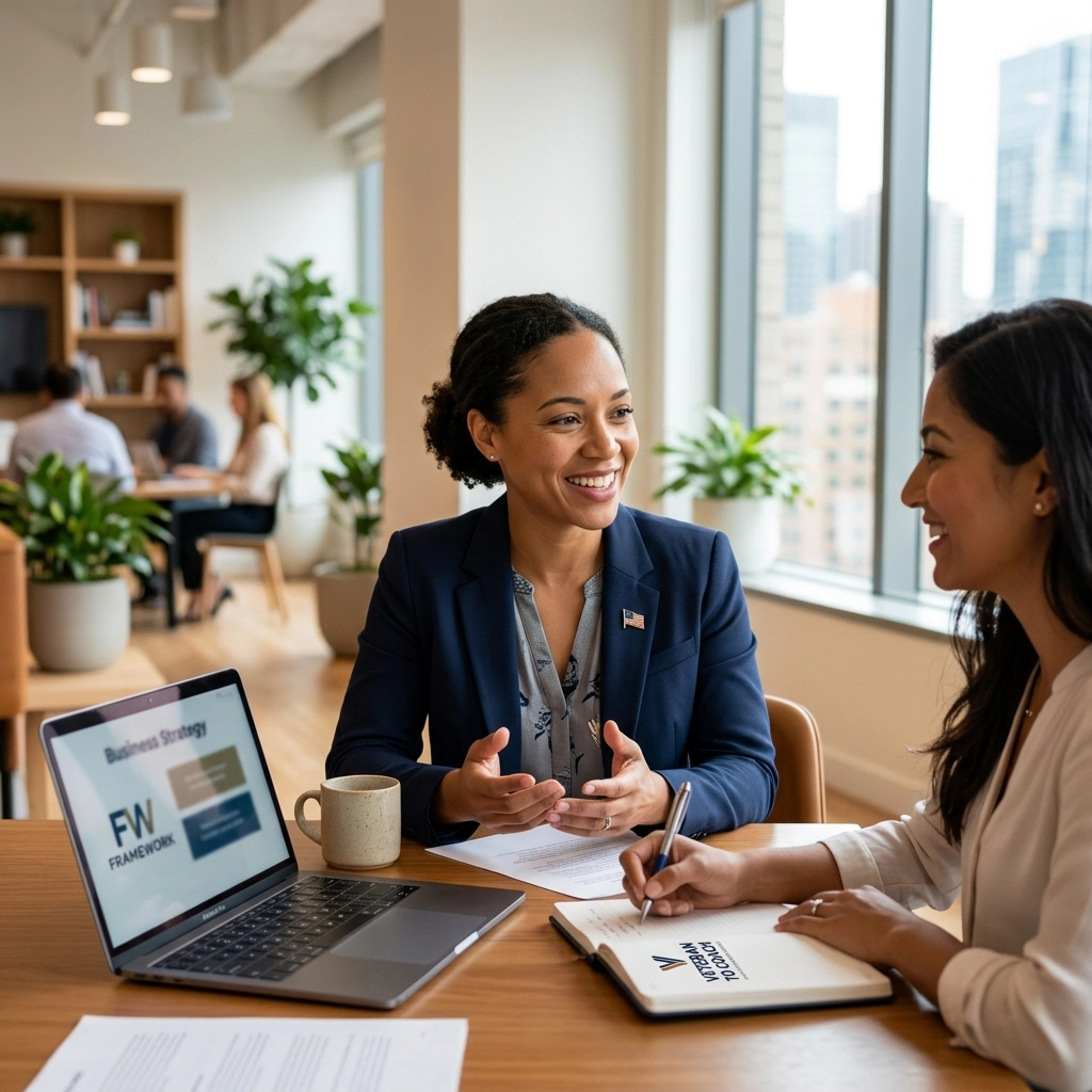 Two women discuss a project at a wooden table in a bright office, with a laptop, notebook, and coffee mug nearby.