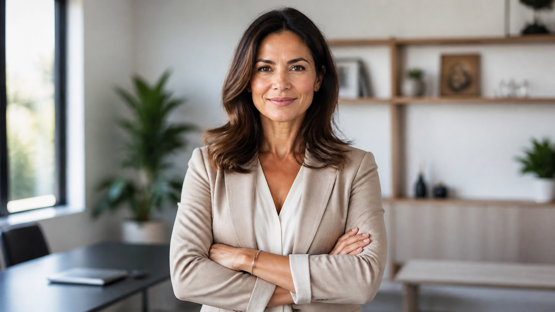 Portrait of a confident businesswoman with brown hair and a beige blazer, arms crossed in a modern office setting.