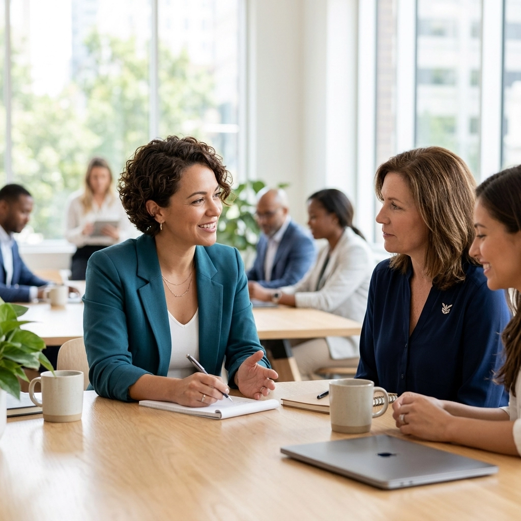 Business meeting: a woman in a teal blazer speaks with colleagues around a wooden table, taking notes with a notebook nearby.