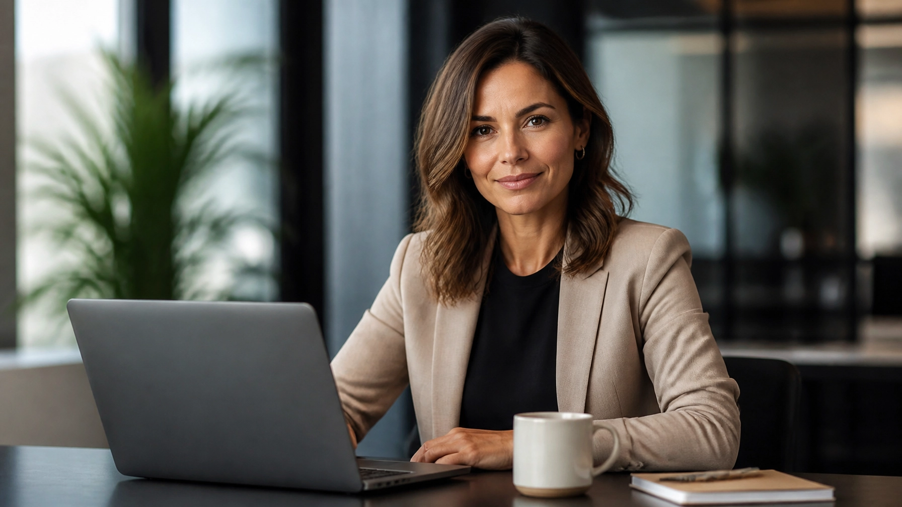 Professional woman in a beige blazer seated at a desk with a laptop and coffee mug, smiling at the camera in a modern office.