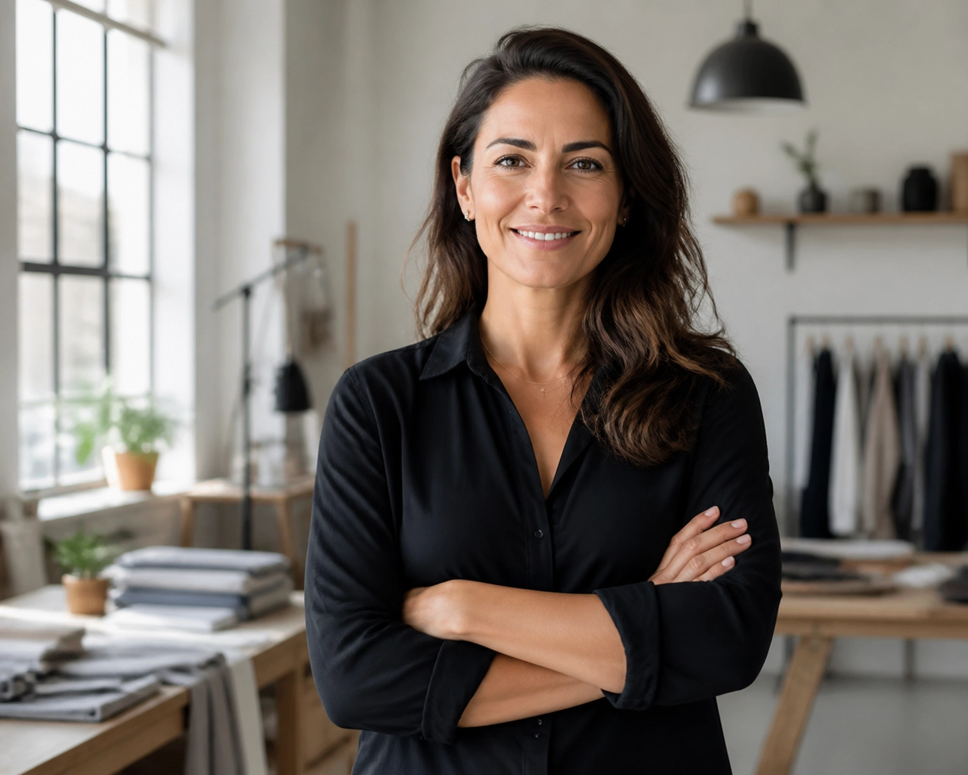Professional woman with arms crossed, smiling in a bright studio workspace.