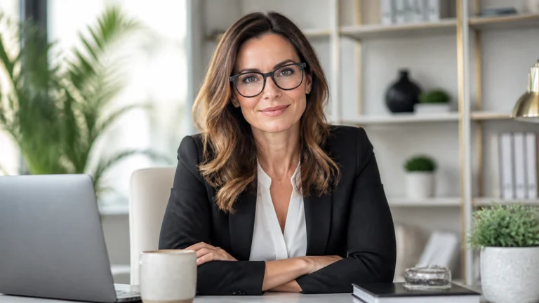 Professional woman in a black blazer sits at a desk with a laptop, smiling at the camera in a bright office setting.