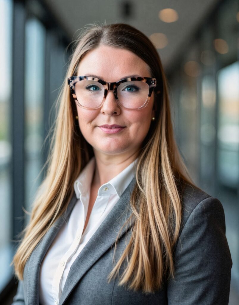 Portrait of a woman with tortoiseshell glasses and long blonde hair, wearing a gray blazer and white shirt indoors.