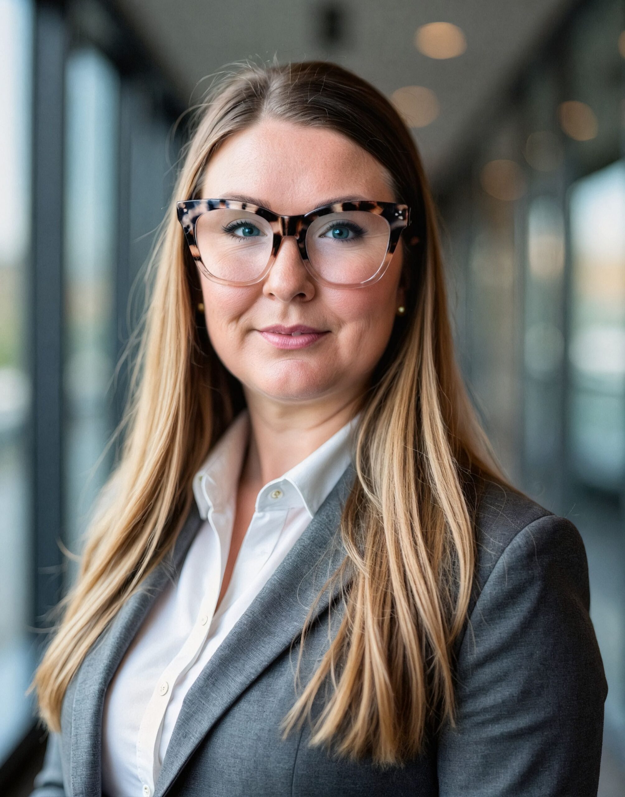 Portrait of a woman with tortoiseshell glasses and long blonde hair, wearing a gray blazer and white shirt indoors.