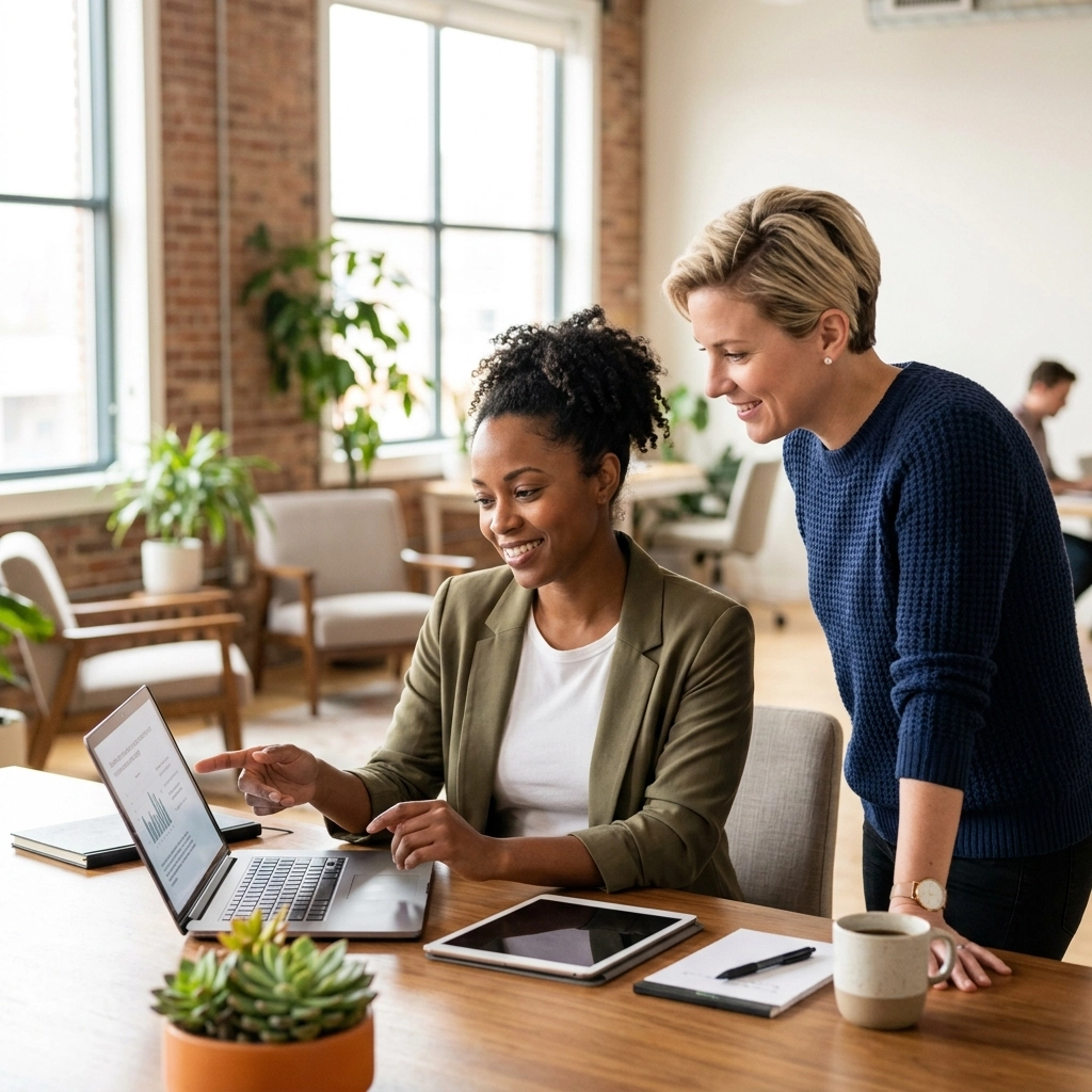 Two coworkers collaborate at a wooden table, one pointing at a laptop screen while the other leans in to view the display in a bright, plant-filled office.
