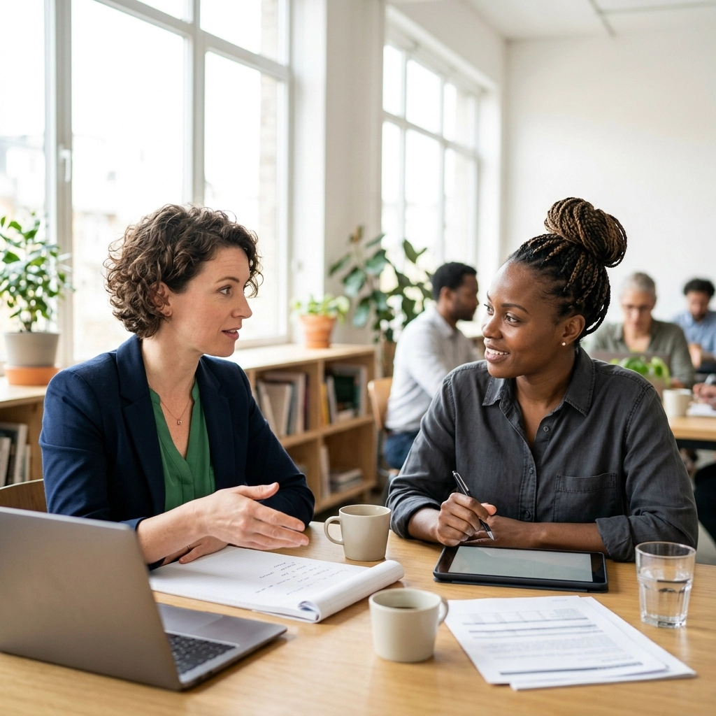 Two colleagues discuss a document at a wooden table in a bright office, with a laptop, tablet, and coffee mugs nearby.