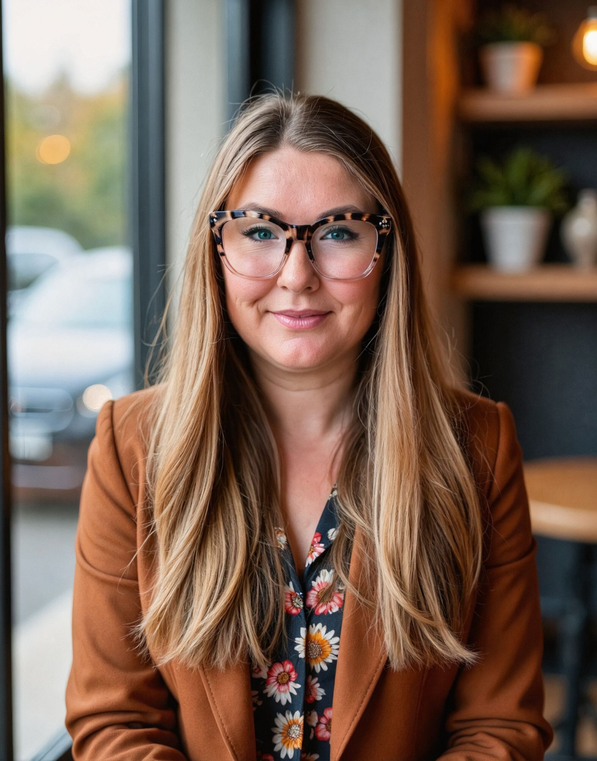Woman with long blonde hair and tortoiseshell glasses smiling at the camera, wearing a brown blazer indoors by a window.
