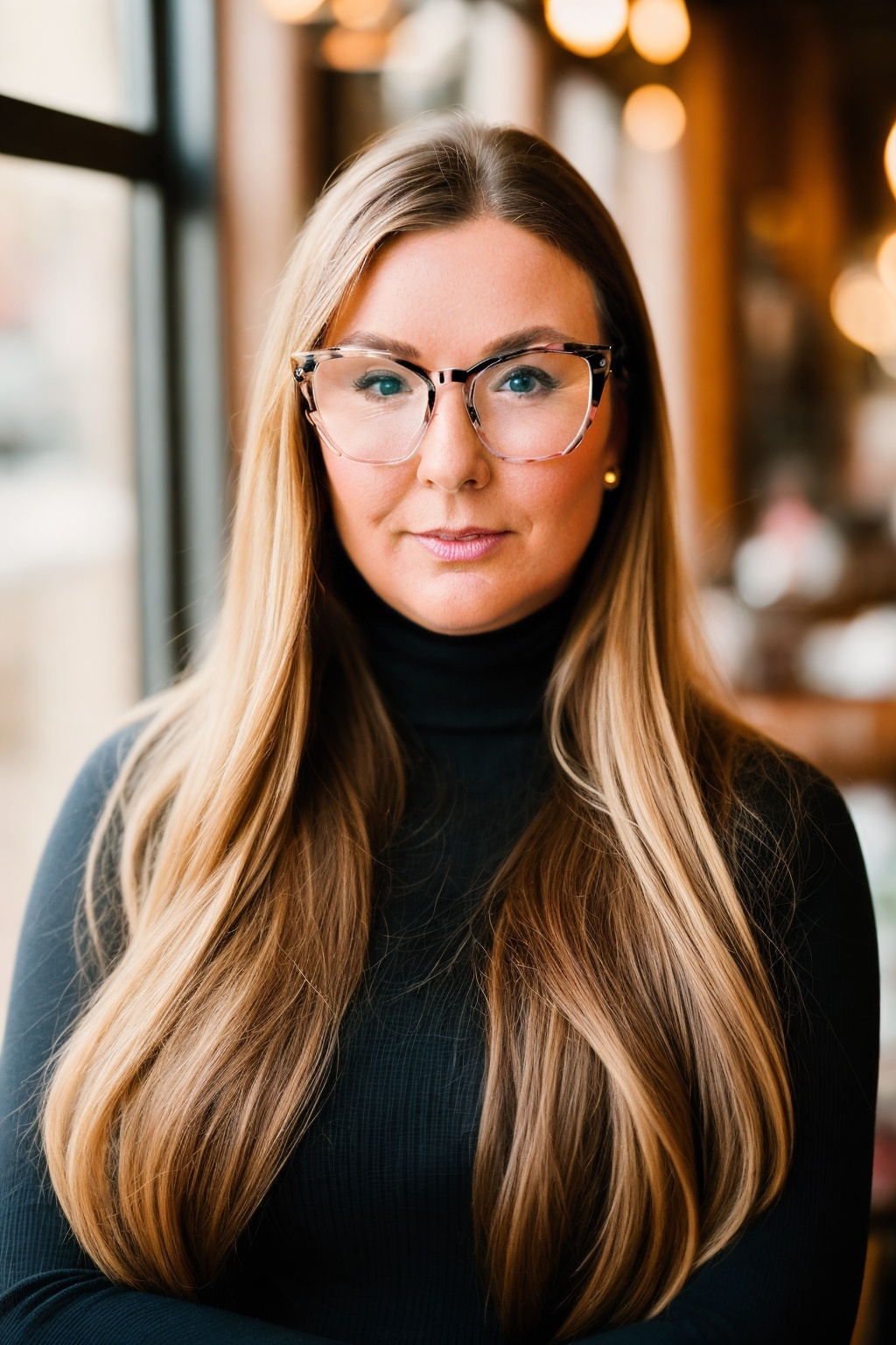Portrait of a woman with long blond hair and glasses in a black turtleneck, indoors with warm bokeh lights in the background