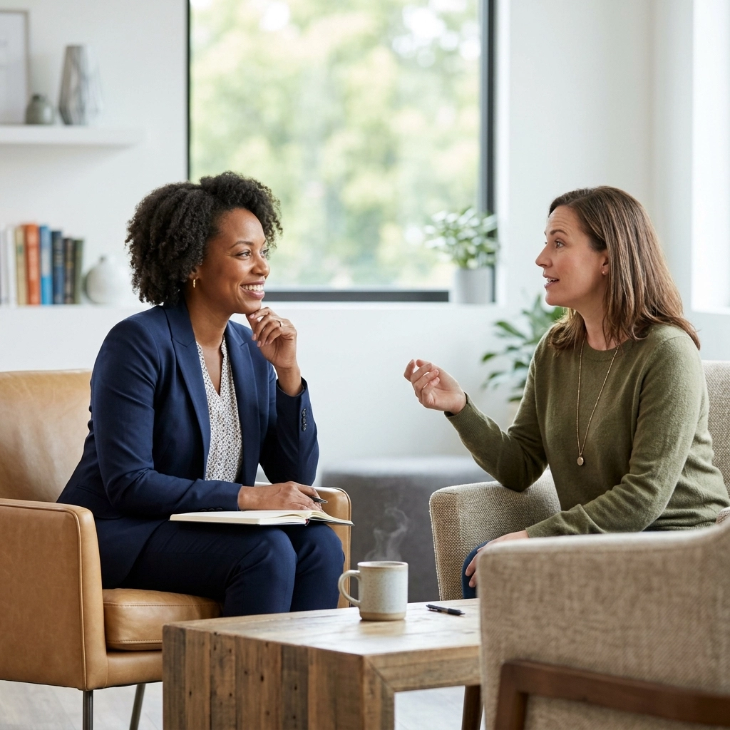 Two women in a casual office lounge talk, one in a blue suit with a notebook listening attentively.
