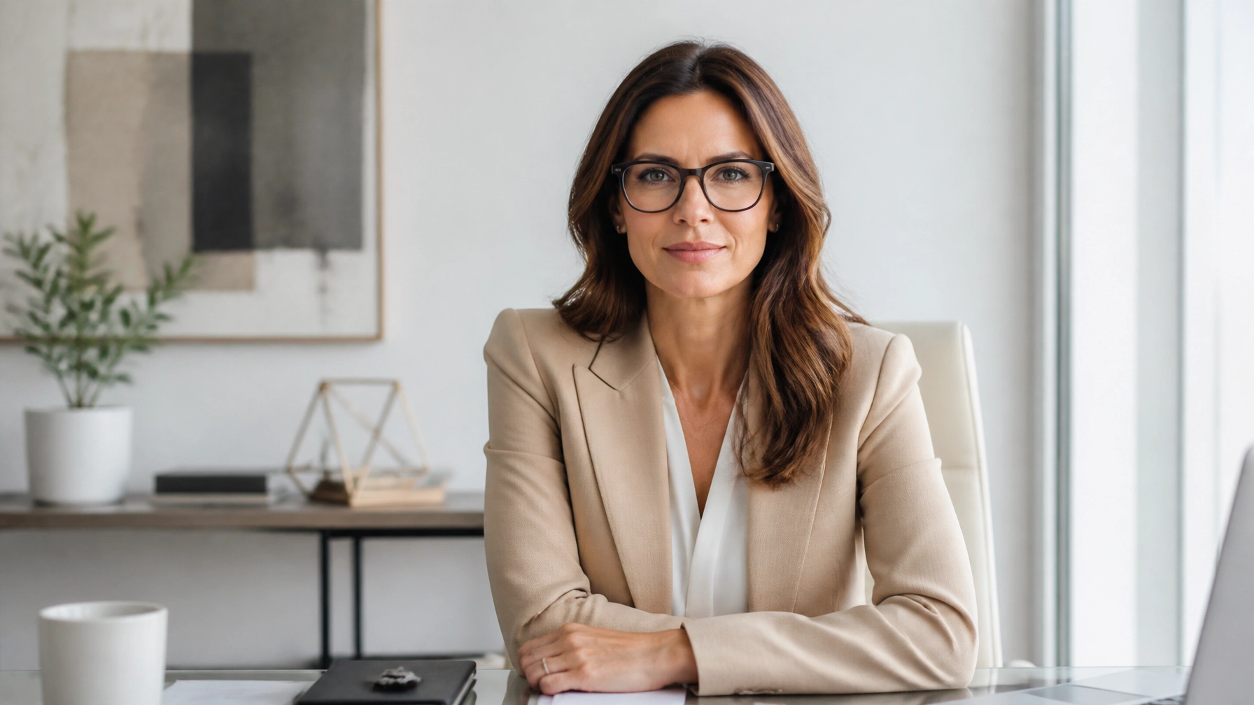 Professional woman in a beige blazer sits at a desk in a bright office, looking at the camera with glasses on.",
