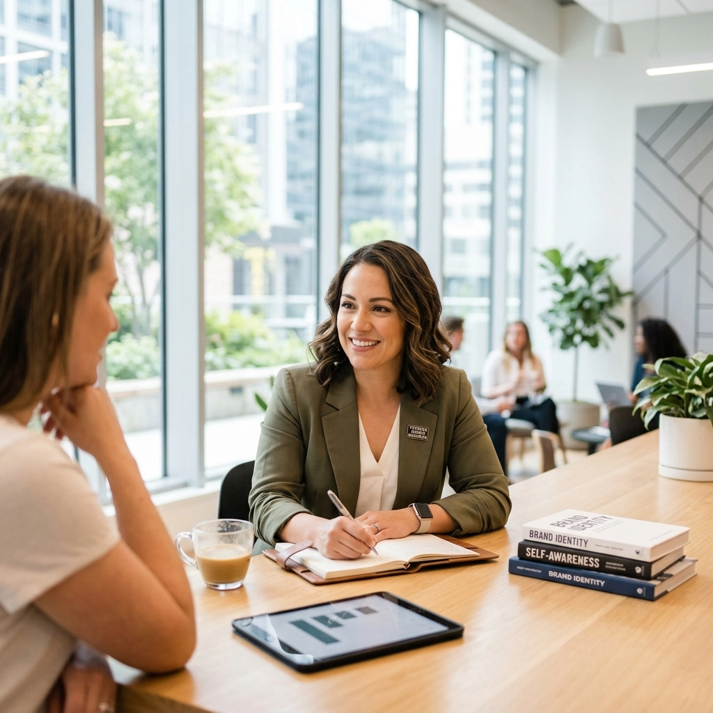 Professional woman in a green blazer smiles while taking notes at a bright office table; tablet, coffee, and books nearby as colleagues socialize in the background.