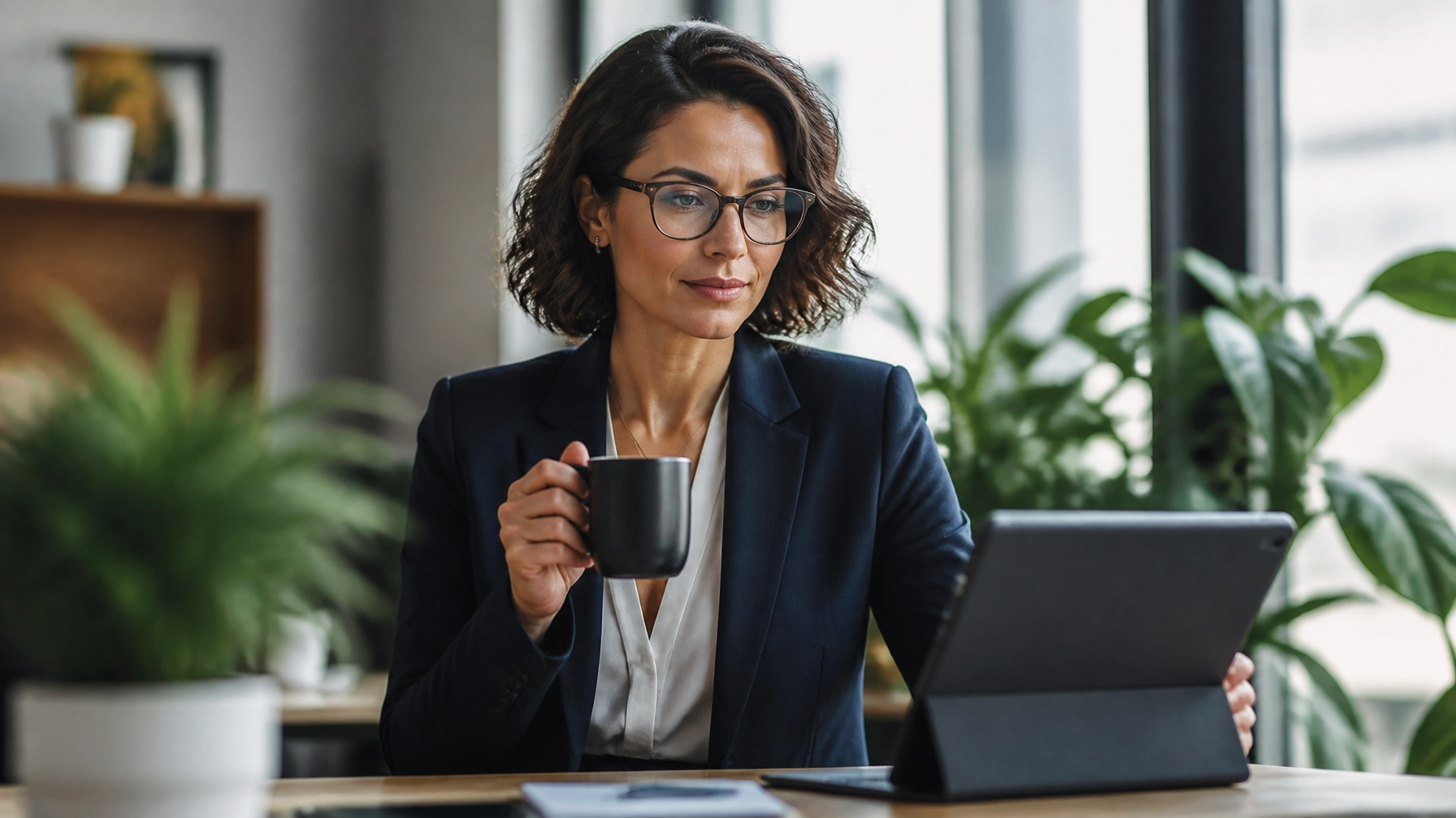 Professional woman in a navy blazer and glasses sits at a desk, holding a dark mug while looking at a tablet.