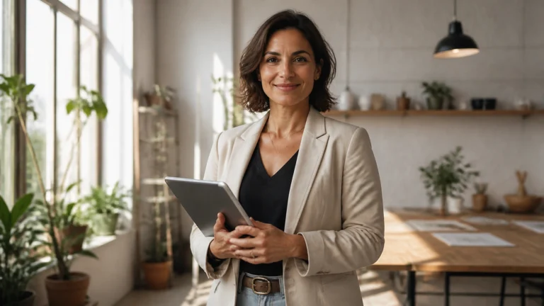 Woman in a beige blazer holding a tablet in a bright home office.