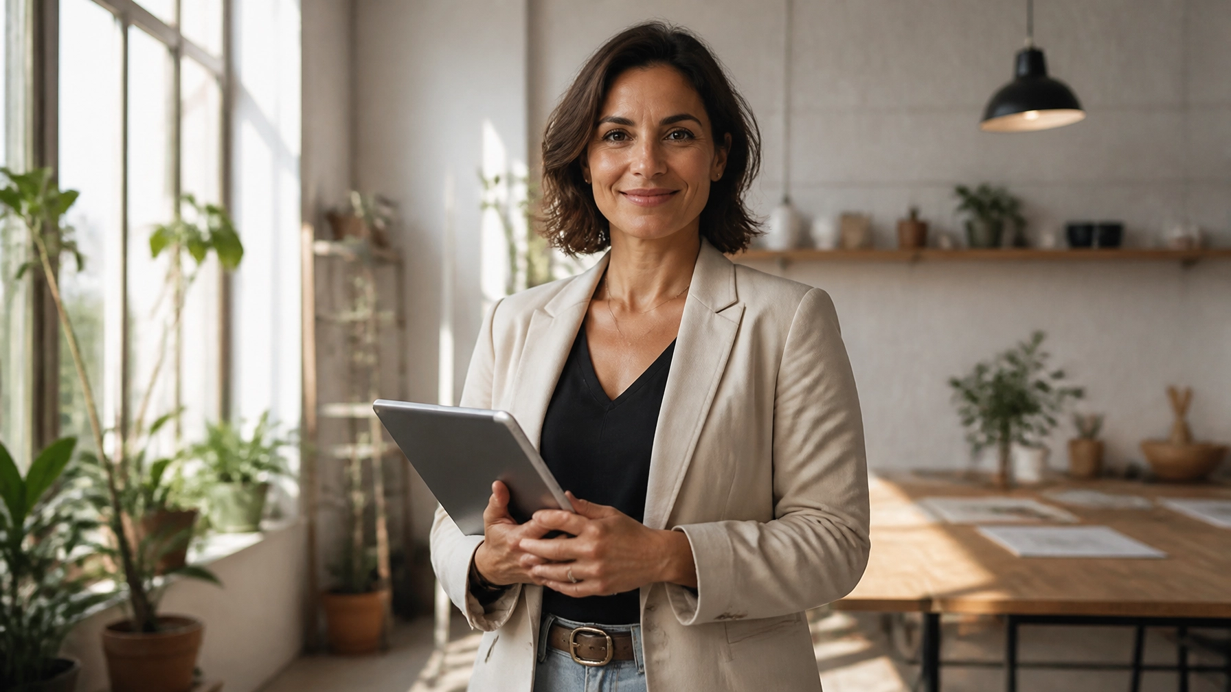 Woman in a beige blazer holding a tablet in a bright home office.