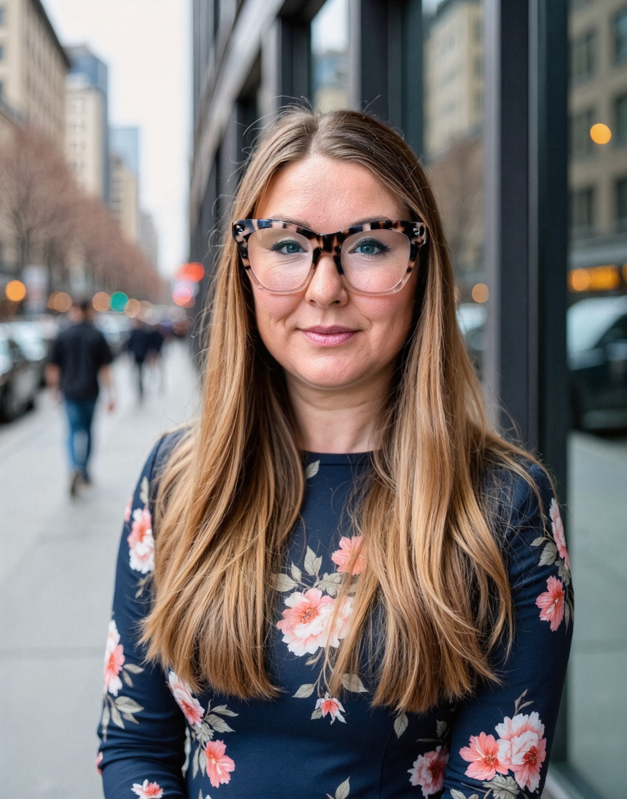 Woman with long light‑brown hair and tortoiseshell glasses standing on a city sidewalk, wearing a navy floral dress and smiling.