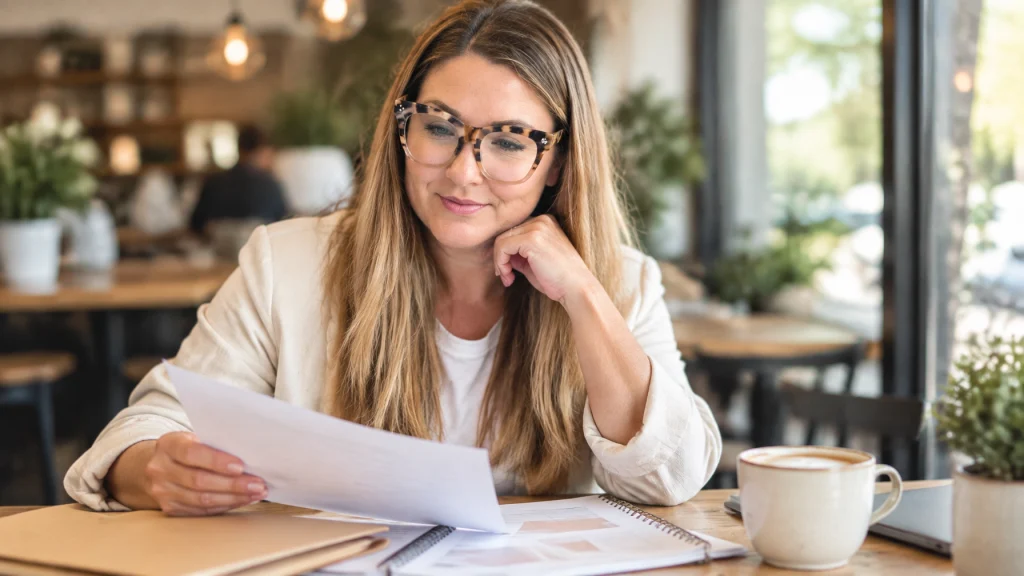 Woman reviewing documents at a café table, illustrating the article “You Raised Your Price.”